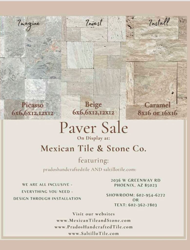 Flyer announcing a paver sale featuring prado handcrafted tile and saltillotile.com